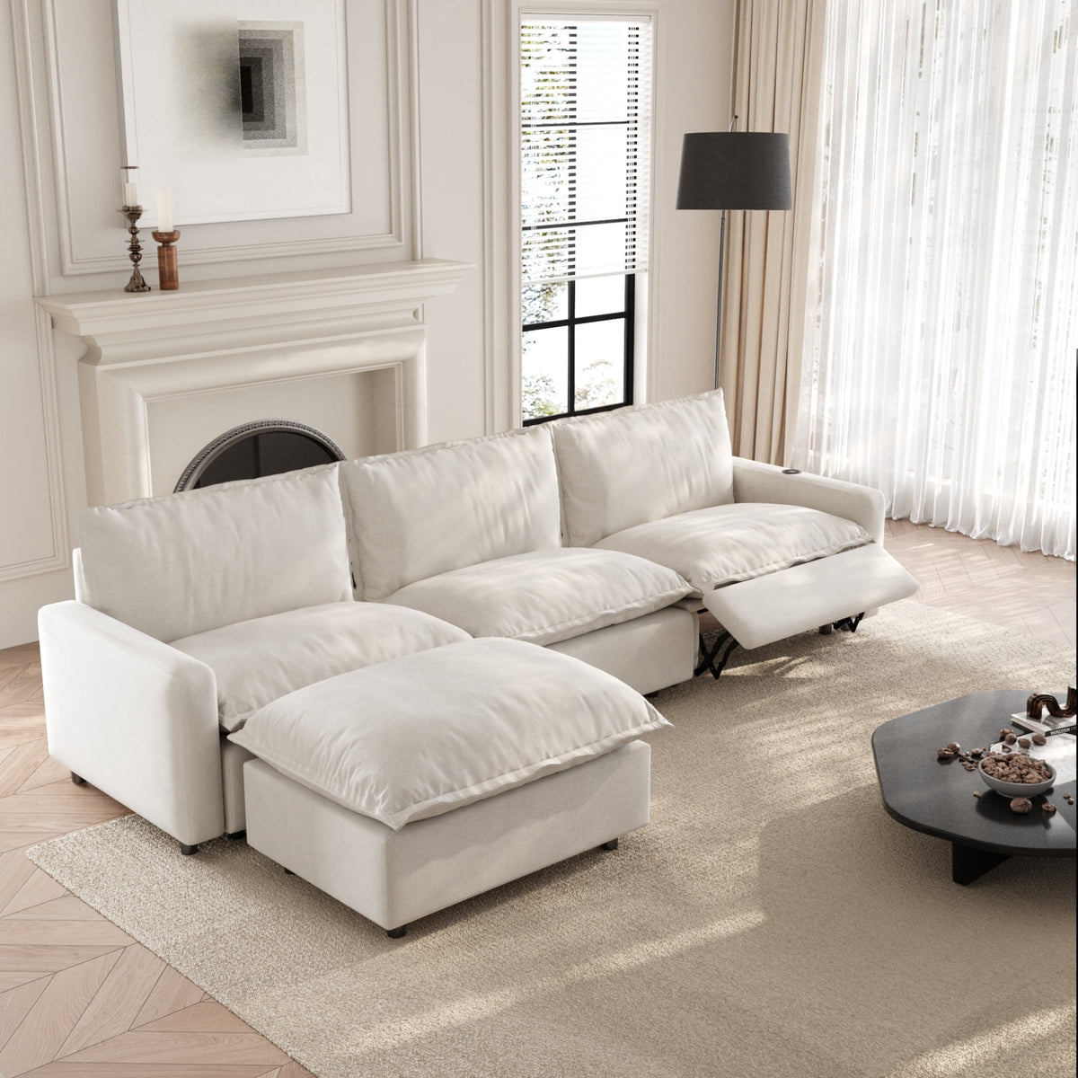 Sdorens Oversized Modular Sectional Sofa with Power Recliner,Cloud Heated Seat Reclining Couch,Charging Cup Holders,Deep L-Shaped 3 Seater with Ottoman,Beige