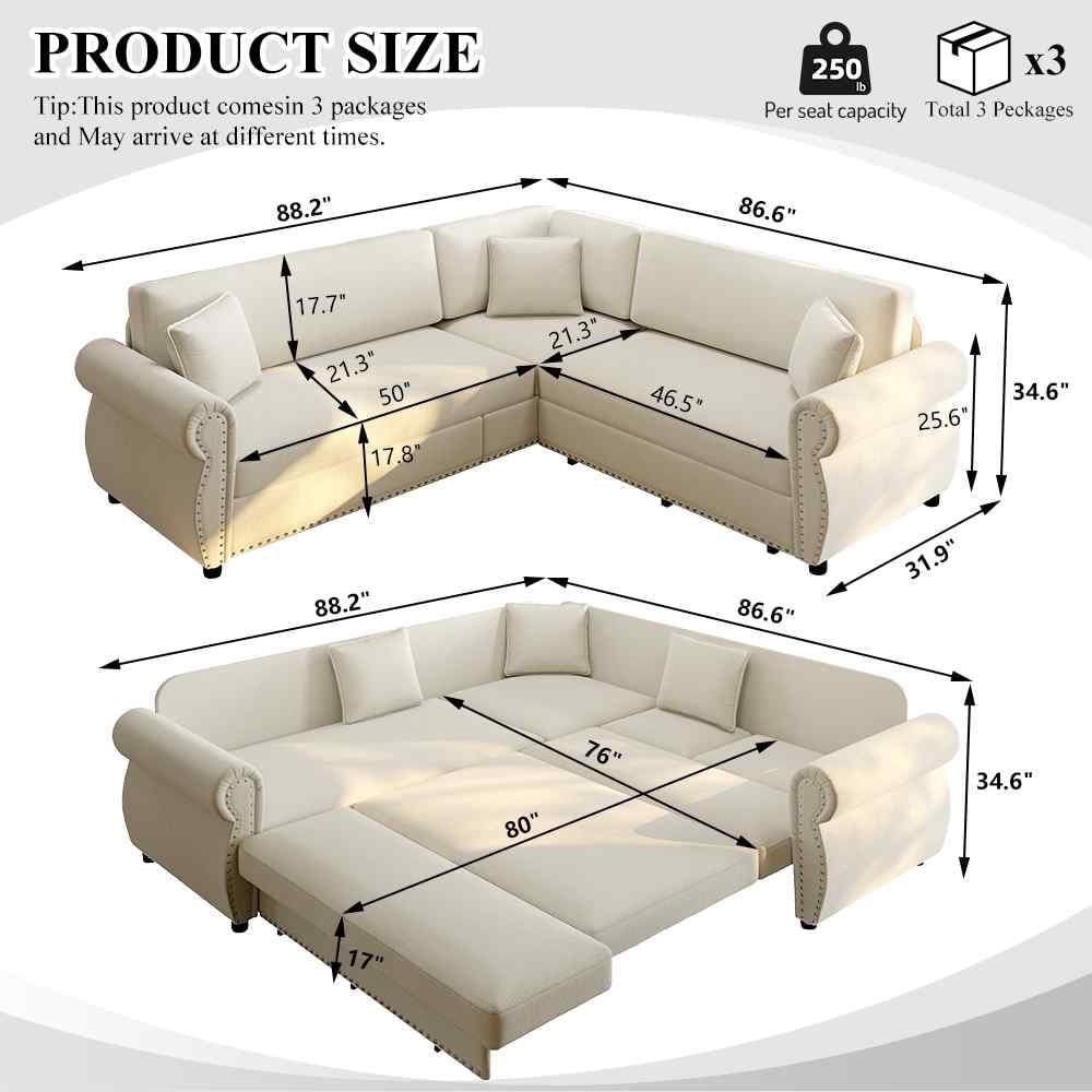 FFH 88.2" Sectional Sofa with Pull Out Bed, Convertible Sleeper Sofa, 5 Seater Chenille Couch for Living Room, Beige