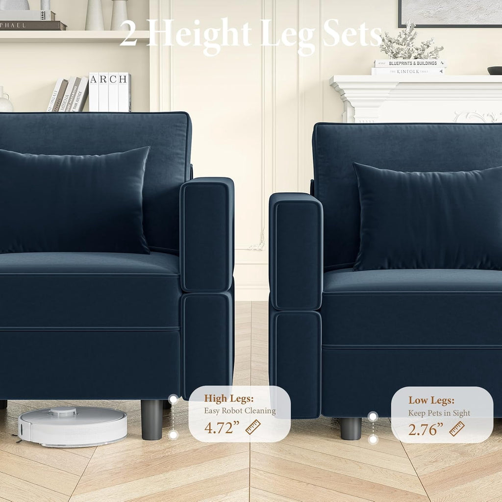  Sectional Couches with Storage Seats, 118" L Shaped Convertible Modular Sectional Sofa, 4 Seat & 1 Ottoman Velvet Storage Chaises Deep Seat Couch for Living Room, Bedroom, Apartment, Blue
