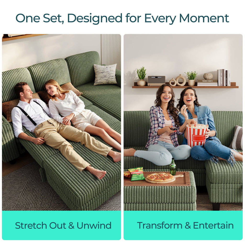  6 Seaterss Sectional Couches for Living Room, Sleeper Sofa Bed with Storage Seat, Pull Out Couch Bed with Ottoman, Dark Green