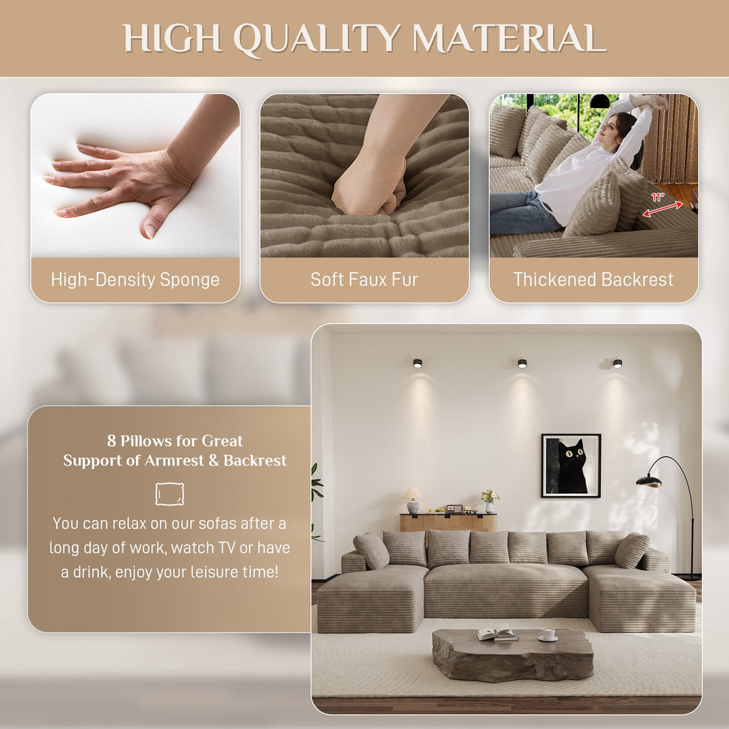 Wiilayok 131" U Shaped Sectional Sofa with Deep Seat Chaise,Corduroy Modular Cloud Sofa Couch for Living Room,4 Seat,Light Camel