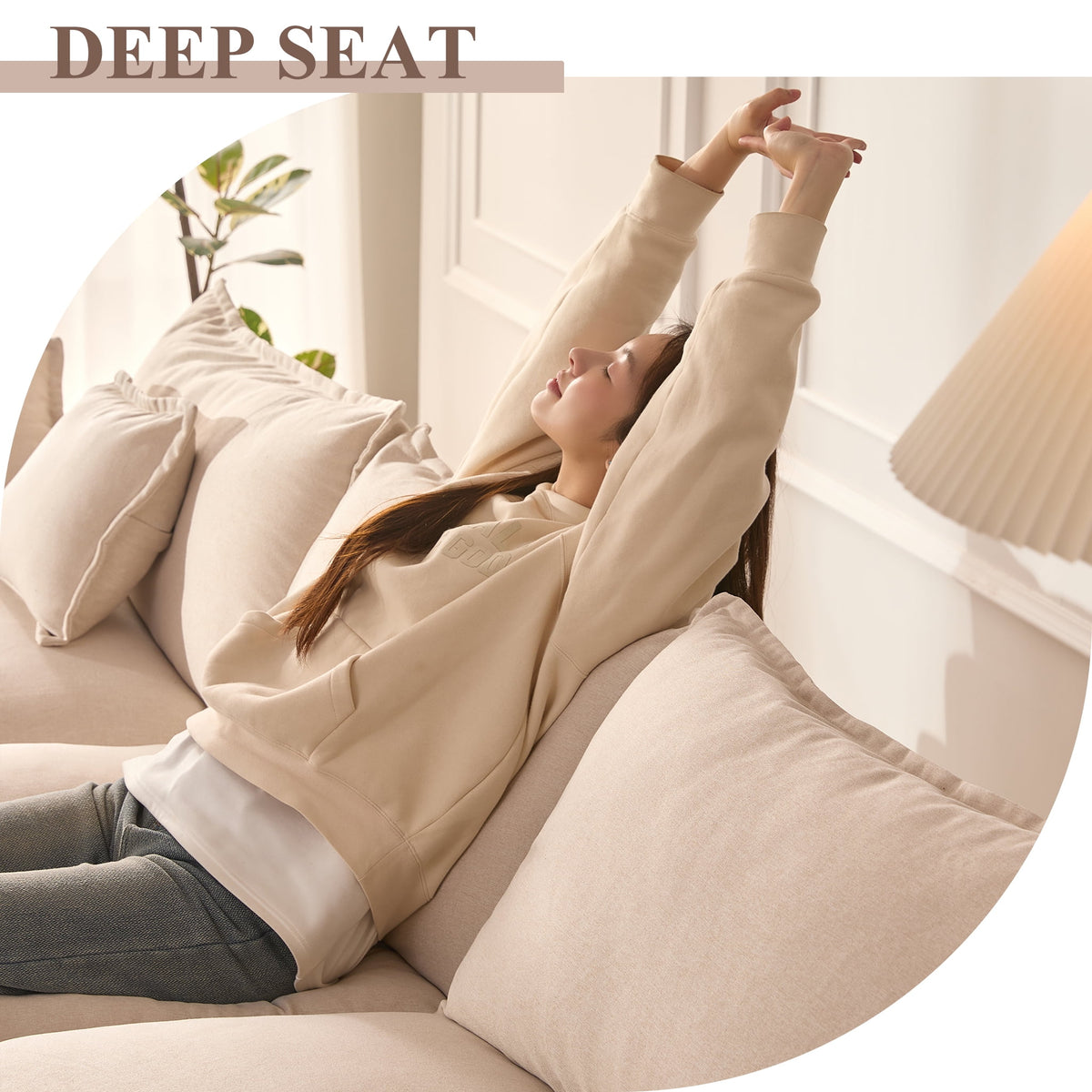  3-Seat Sectional Sofa Couch, Cloud-Style Deep Seating Sleeper Sofa with Included Throw Pillows, Linen Upholstery, Modern Living Room Sofa, Cream White