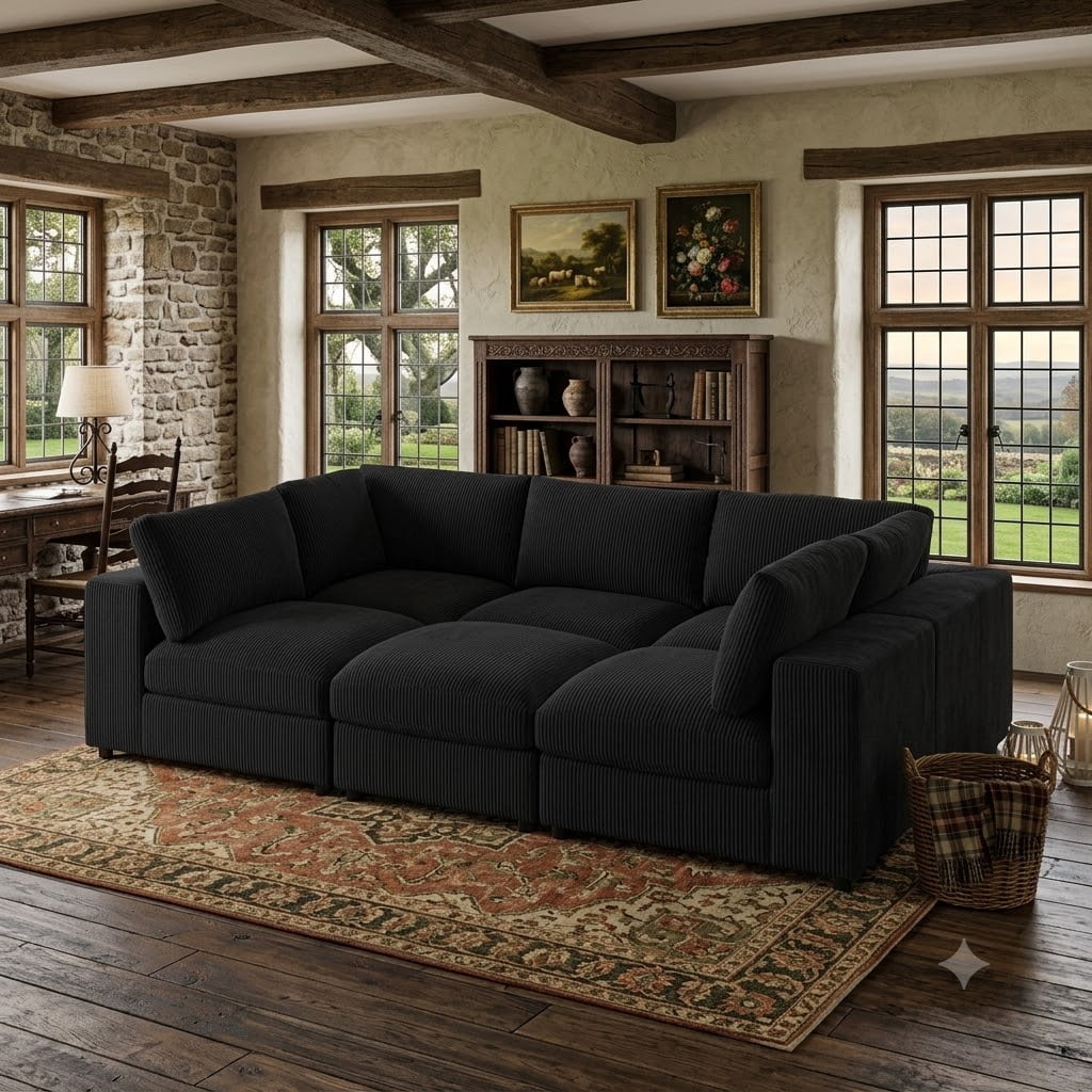  Cloud Couch Modular Sectional Sofa 6 Seat 122" L Shaped Reversible Convertible Couch, Corduroy Thick Cushion with Movable Ottomans, Washable Removable Cover for Living Room,Black