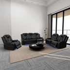  Black 3-Piece Multifunctional Smart Sofa with Console & Cup Holders, Solid Wood Frame, Double-Layer Springs and Air Leather