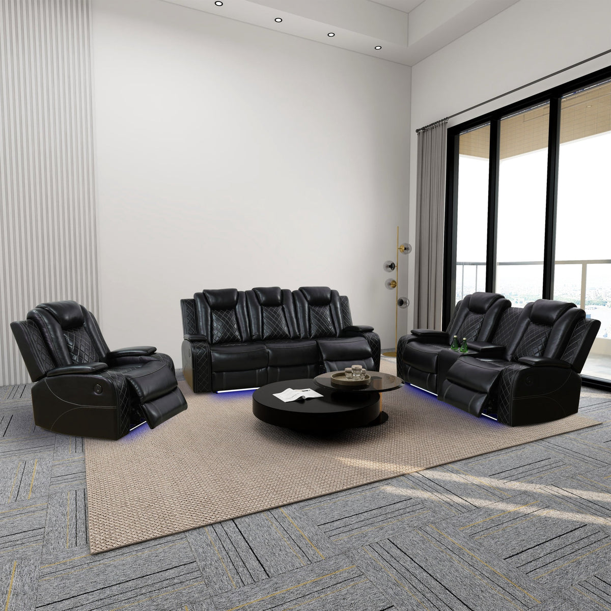  Black 3-Piece Multifunctional Smart Sofa with Console & Cup Holders, Solid Wood Frame, Double-Layer Springs and Air Leather
