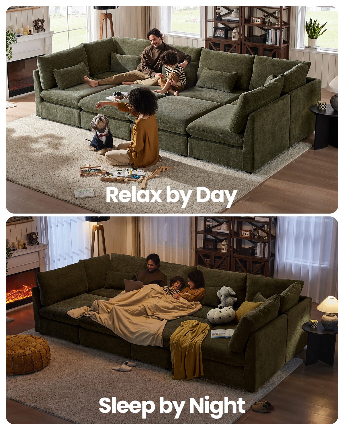 CHIC HOUSE Oversized Modular Sofa,Extra Deep Cloud Corduroy Sectional Couch with Ottoman Chaise,FSC Certified Fluffy Chenille Corner V Shape Sofa for Living Room,Villa