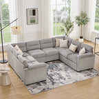  114 inch Sectional Sleeper Sofa with Pull Out Bed Convertible Corduroy Modular Sofa Upholstered Sofa Bed for Living Room Gray