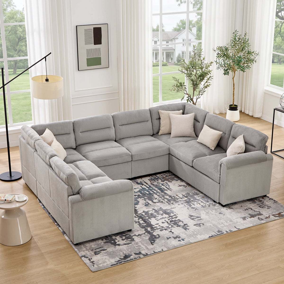  114 inch Sectional Sleeper Sofa with Pull Out Bed Convertible Corduroy Modular Sofa Upholstered Sofa Bed for Living Room Gray