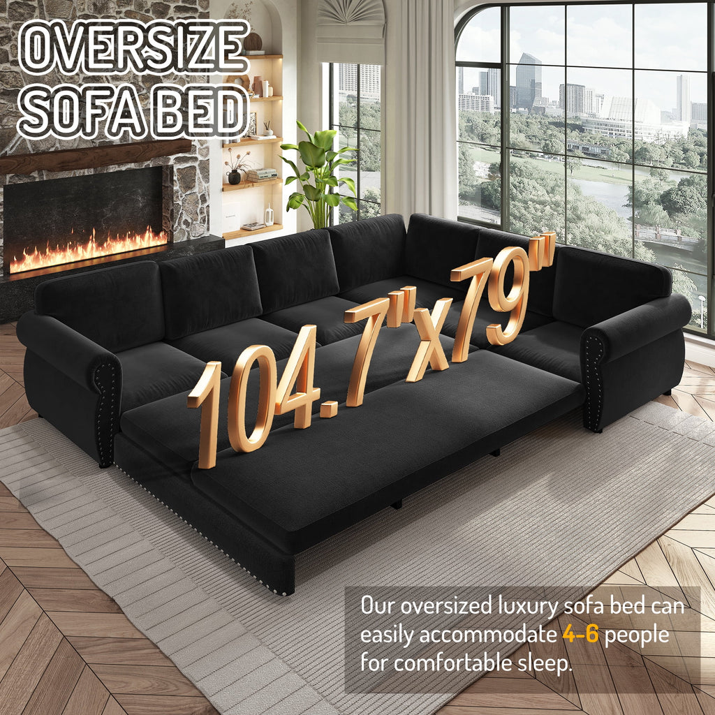  Sectional Sofa Couch, Oversized Chenille Sofa with Pull Out Sofa Bed for Living Room Black