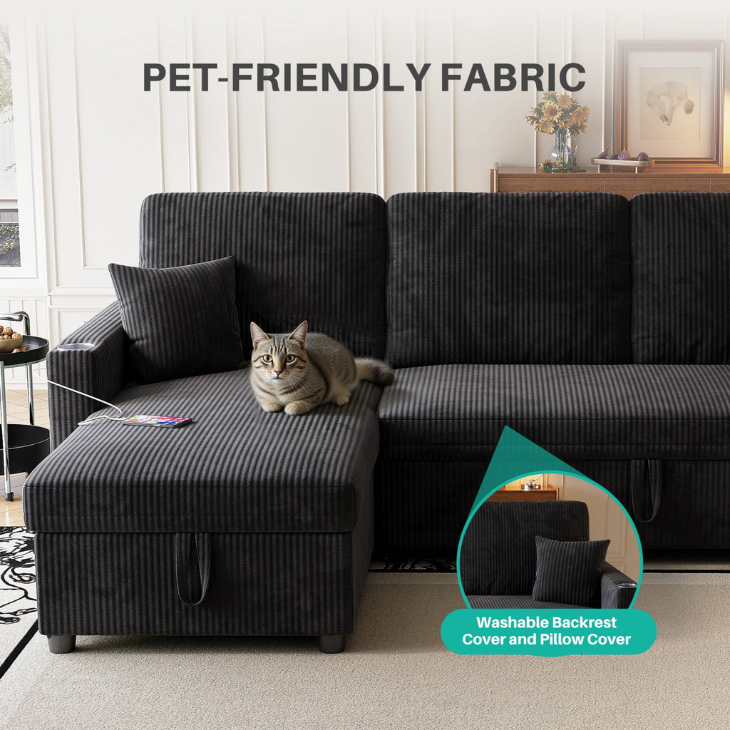 83" Sleeper Sectional Sofa, Comfy Convertible Sofa Bed with Pull Out Couches, Small Desktop, Corduroy L Shaped Couch with Reversible Storage Chaise & USB for Living Room Apartment,Black