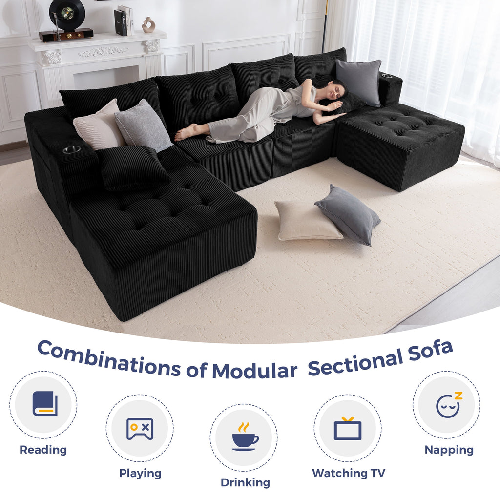 BYBYME Cloud Sectional Couch with U-Shape Chaise Modern Comfy Modular Corduroy Sofa for Living Room,Tufted 6-Seat Sleeper Chair with 2 Ottoman,Sofa in A Box,No Assembly Required,Black