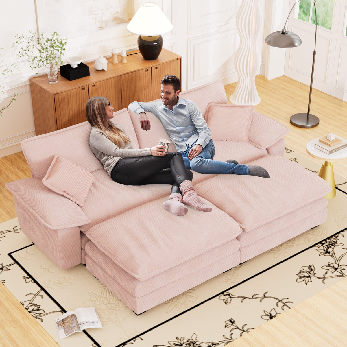 Muumblus Comfy Modular Sectional Sofa with 2 Ottoman, Deep Seat 80.5" Modern Oversized Corduroy Cloud Couch, Fluffy Deep Seat Chaise Lounge Sleeper Sofa for Living Room Apartment, Pink