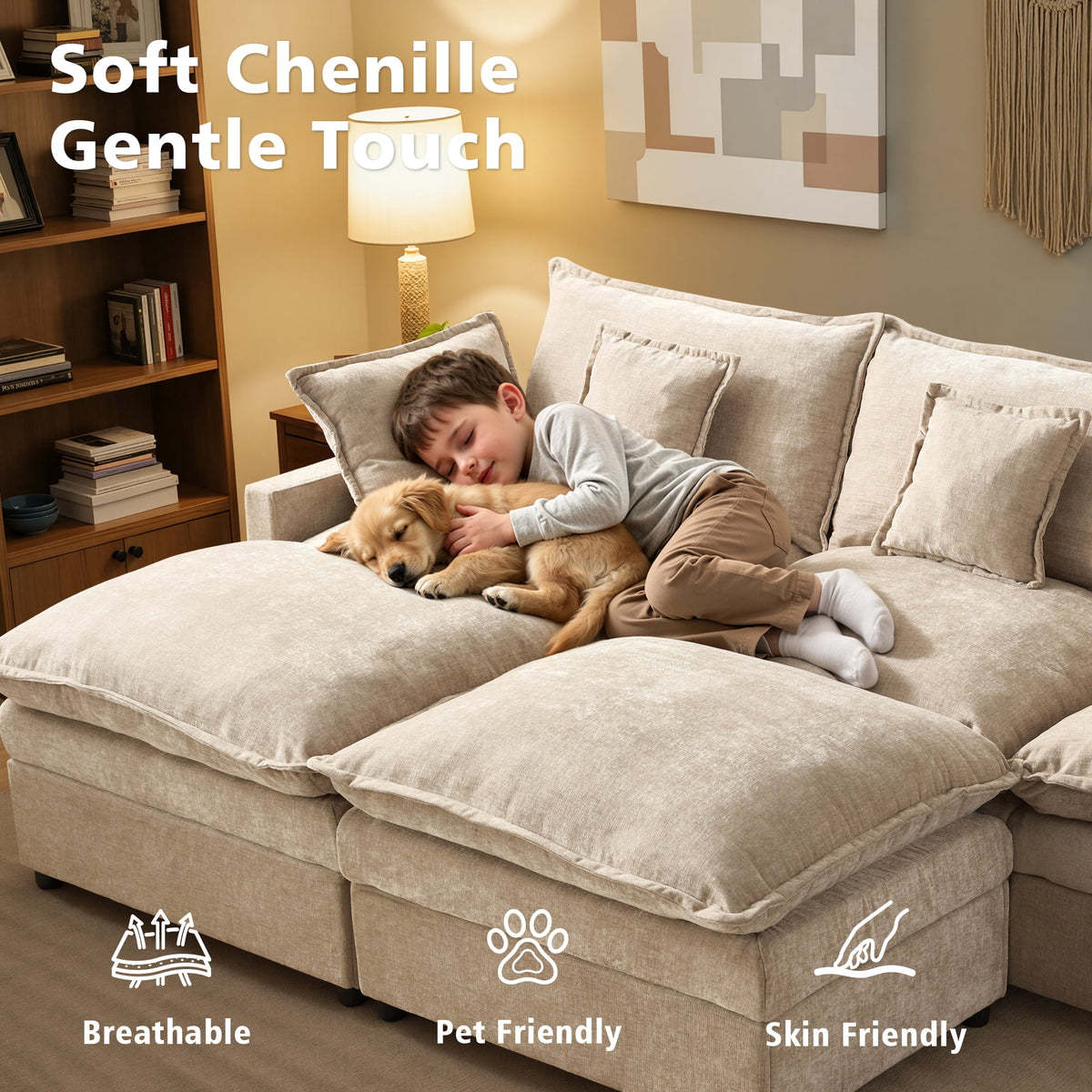  108" Modular Sofa U-Shaped Cloud Sectional Couch with 2 Ottomans, Comfy Deep Seat Chenille Sofa for Living Room, Apartment, Camel