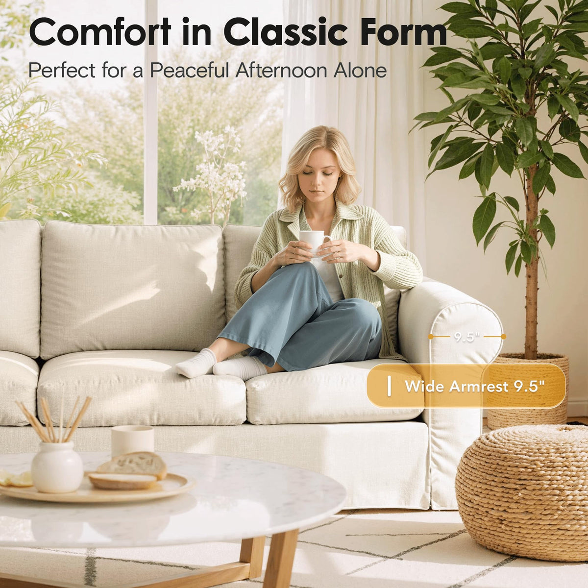 Vorthio 3-Seater Farmhouse Sofa, Deep Seat Couch with High Back Support, Removable Washable Cover, White
