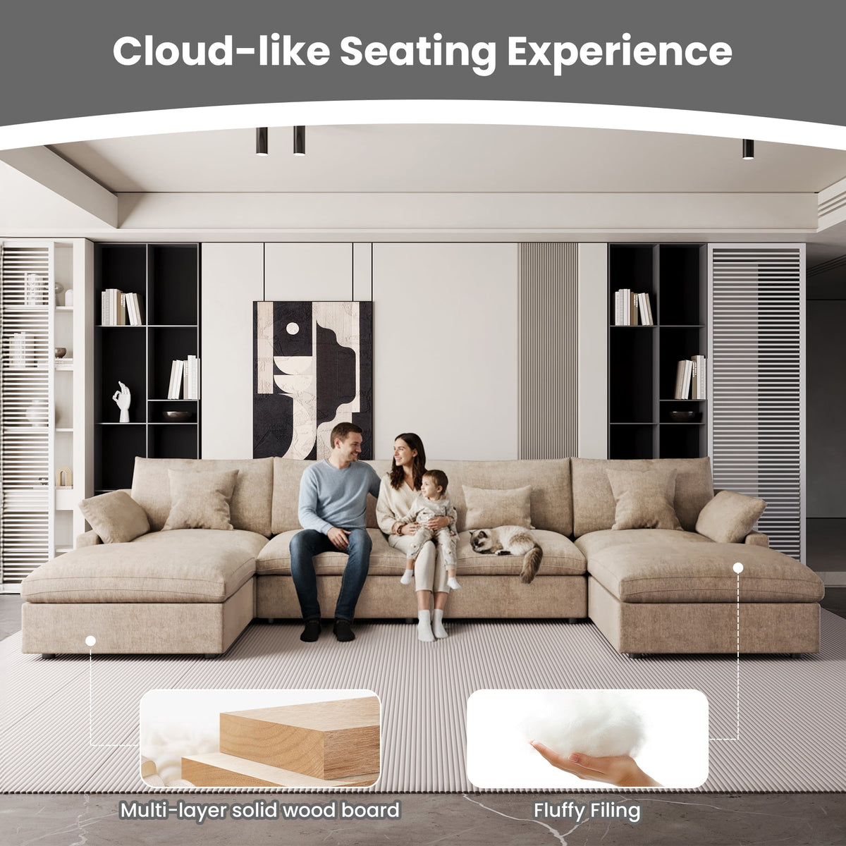 The Magic Home Modular Sofa & Sectional Sofa - L Shaped Deep Seat Cloud Couch in Soft Linen Blend Fabric,Perfect for Apartment & Small Space Living,3-seat Sofa with Ottoman,Khaki Couch