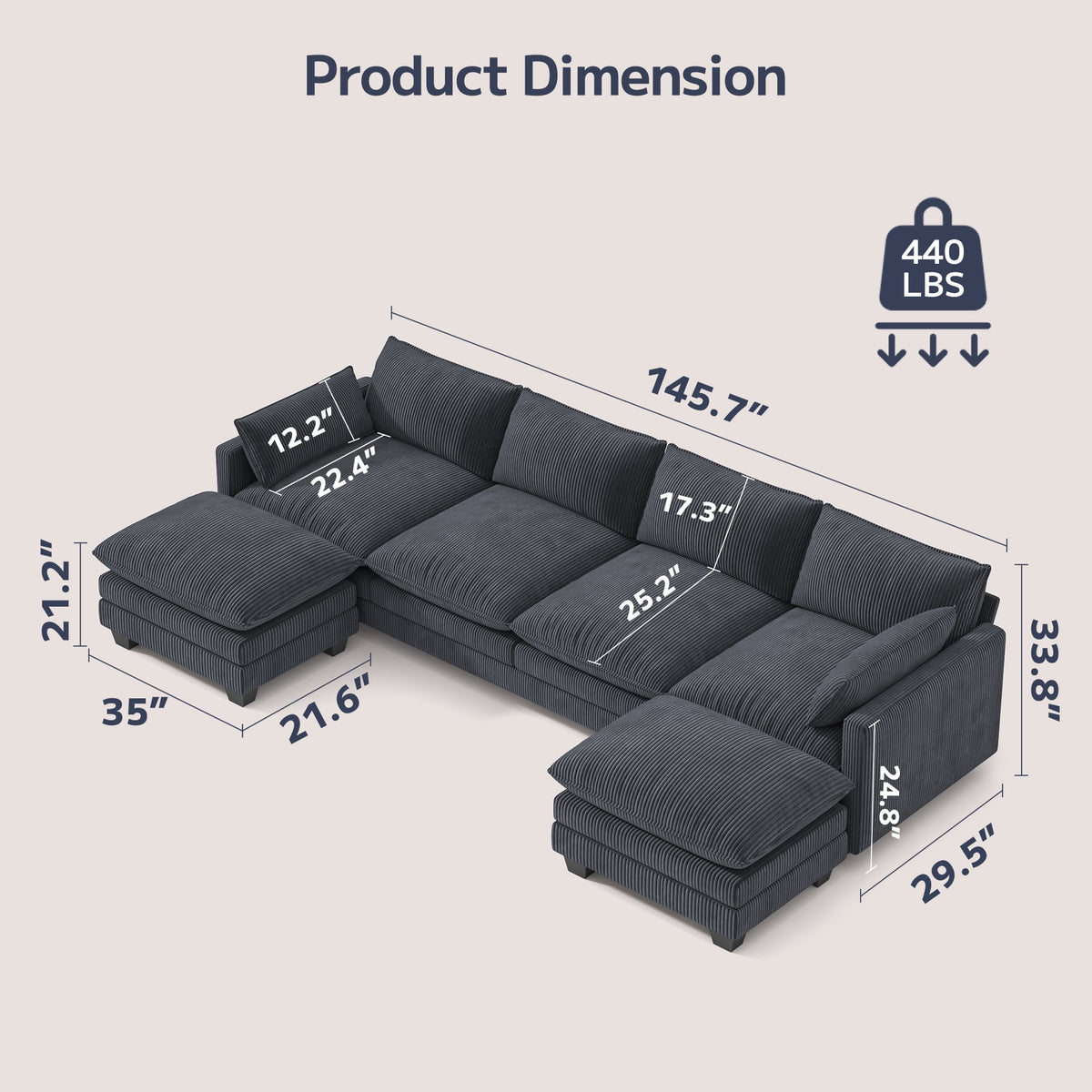  145.7" U Shaped Modular Sectional Sofa with Movable Ottomans, Corduroy Cloud Sofa Couch with 25.2" Deep Seat, Removable Washable Covers, 4-5 Seater Comfy Modular Sofa for Living Room Apartment