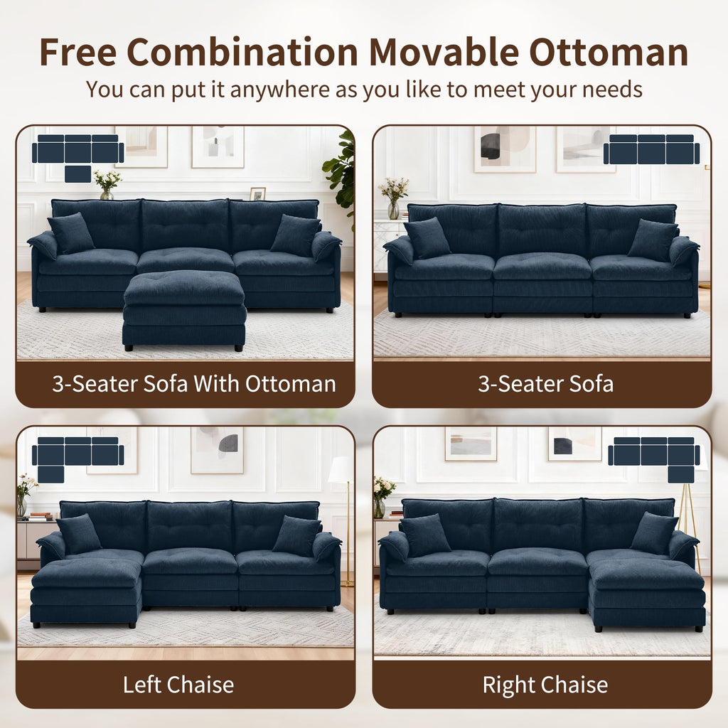 Korser L Shaped Modern Sofa with Movable Ottoman Convertible Modular Sectional Cloud Couch with Deep Seat & Pillow,Chenille 3-Seat Couches for Living Room,Assembly Required,Blue