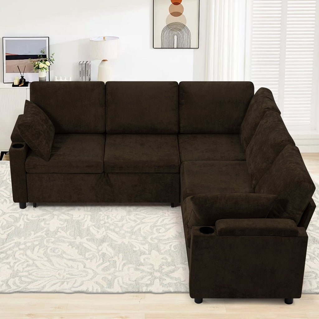 ACMEASE 85" Chenille Reversible Sectional Sofa w/Pull Out Bed, Upholstery L-Shaped Couch w/Storage Armrests & Cup Holders, Modern Corner Sofa w/USB Charging Port & Throw Pillow for Living Room, Brown