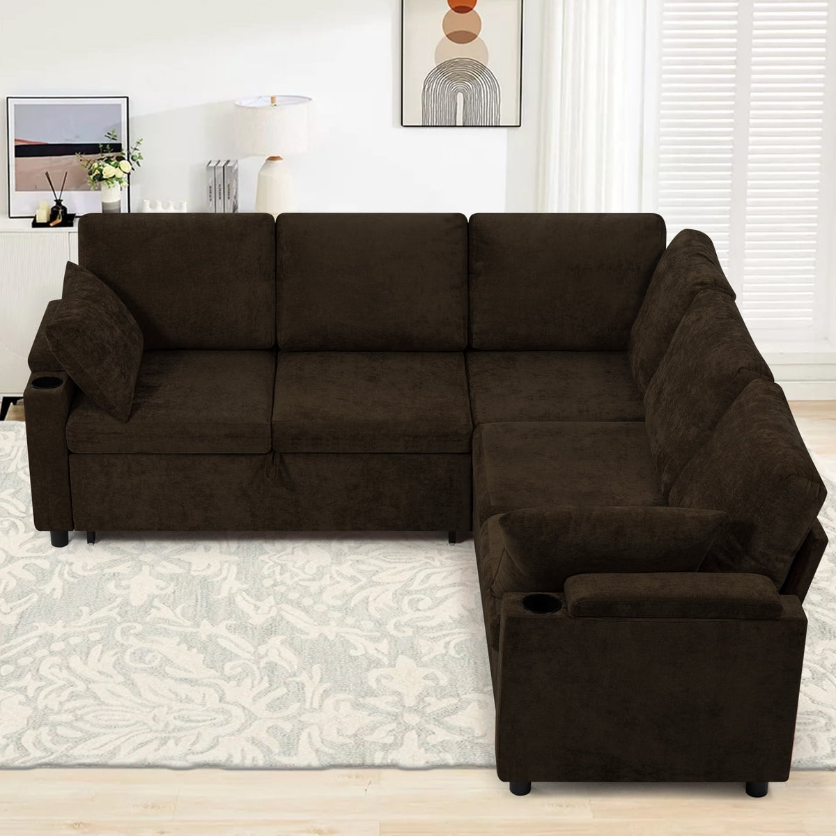 ACMEASE 85" Chenille Reversible Sectional Sofa w/Pull Out Bed, Upholstery L-Shaped Couch w/Storage Armrests & Cup Holders, Modern Corner Sofa w/USB Charging Port & Throw Pillow for Living Room, Brown