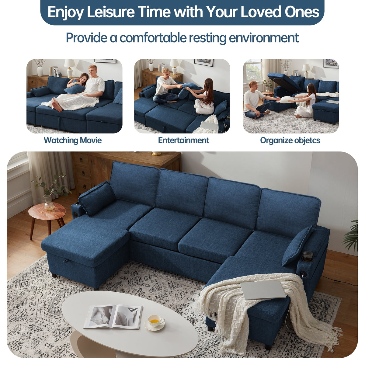 Sectional Couches Sofas Sleeper Bed U shape with Storage for Living Room Family Rooms Blue