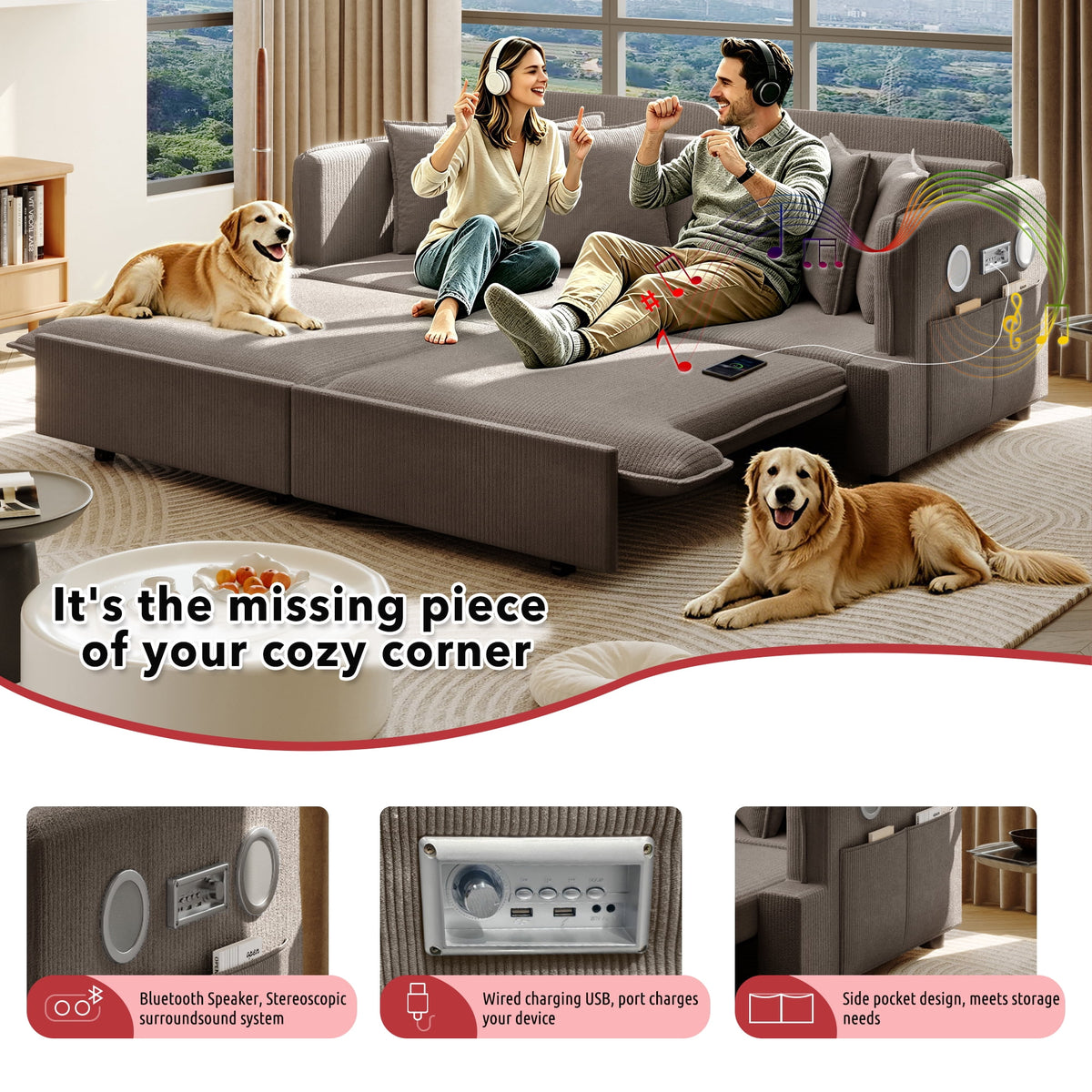  Pull Out Sofa Bed King Size, 82" Loveseat Sofa with Bluetooth Speakers, USB Ports, Side Pockets, Corduroy Sofa Couch Convertible Sofa Bed for Living Room Brown