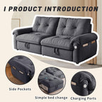 3-in-1 Convertible Sofa Bed, 77" Queen Size Loveseat Sleeper with Pull Out Bed,USB and Side Storage Pockets,Modern 2 Seater Small Couch for Apartment Living Room, Velvet Fabric,RV-Friendly,Dark Gray