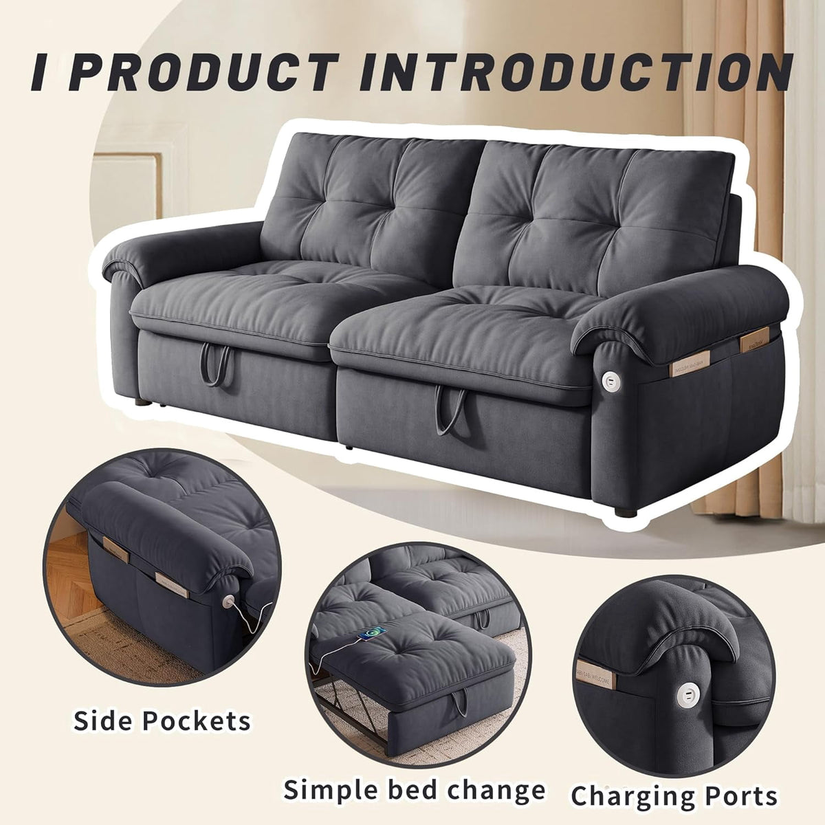 3-in-1 Convertible Sofa Bed, 77" Queen Size Loveseat Sleeper with Pull Out Bed,USB and Side Storage Pockets,Modern 2 Seater Small Couch for Apartment Living Room, Velvet Fabric,RV-Friendly,Dark Gray