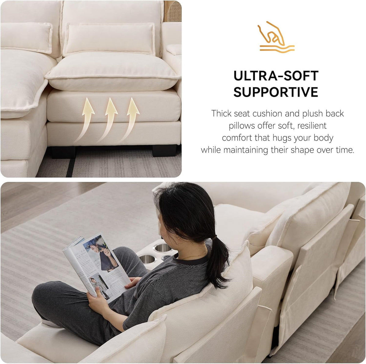 125'' U Shaped Cloud Modular Sectional Sofa with Chaise Lounges, Chenille Upholstered Comfy Couch with Storage Console, USB Charging Ports & Cup Holders, Modern Deep Seat Sofa for Living Room, Beige