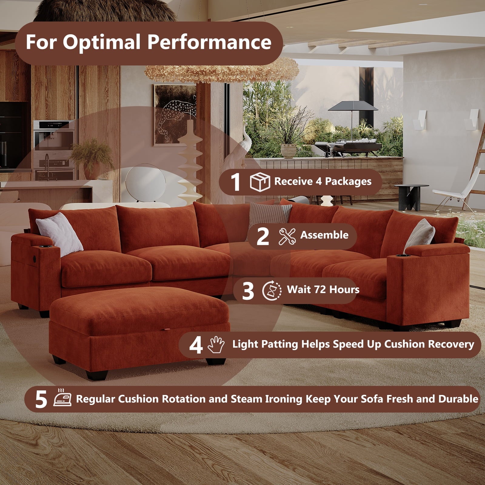 ZX Design 107.1" L-Shaped Modular Sectional Sofa, 6-Seater Deep Seat Couch with Storage Ottoman, Console, USB Type-C & Cup Holders for Living Room