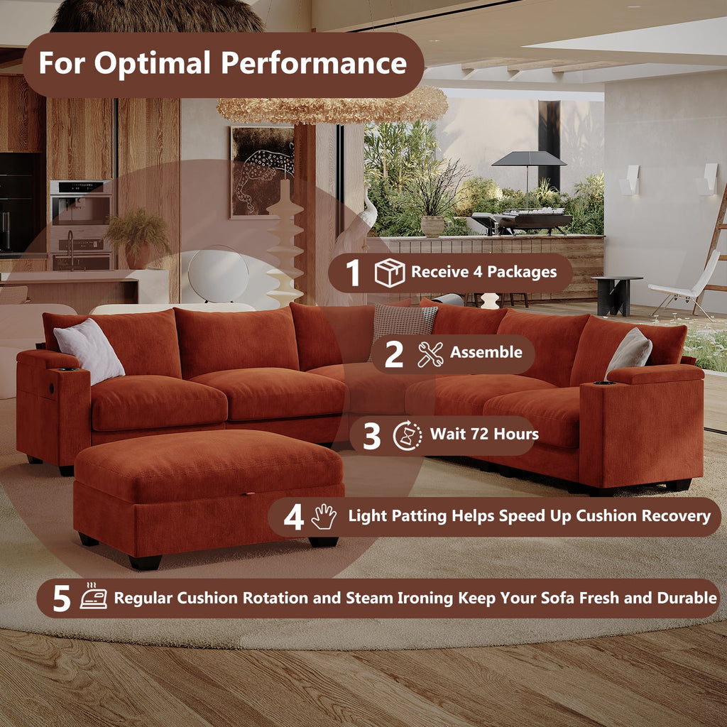 ZX Design 107.1" L-Shaped Modular Sectional Sofa, 6-Seater Deep Seat Couch with Storage Ottoman, Console, USB Type-C & Cup Holders for Living Room