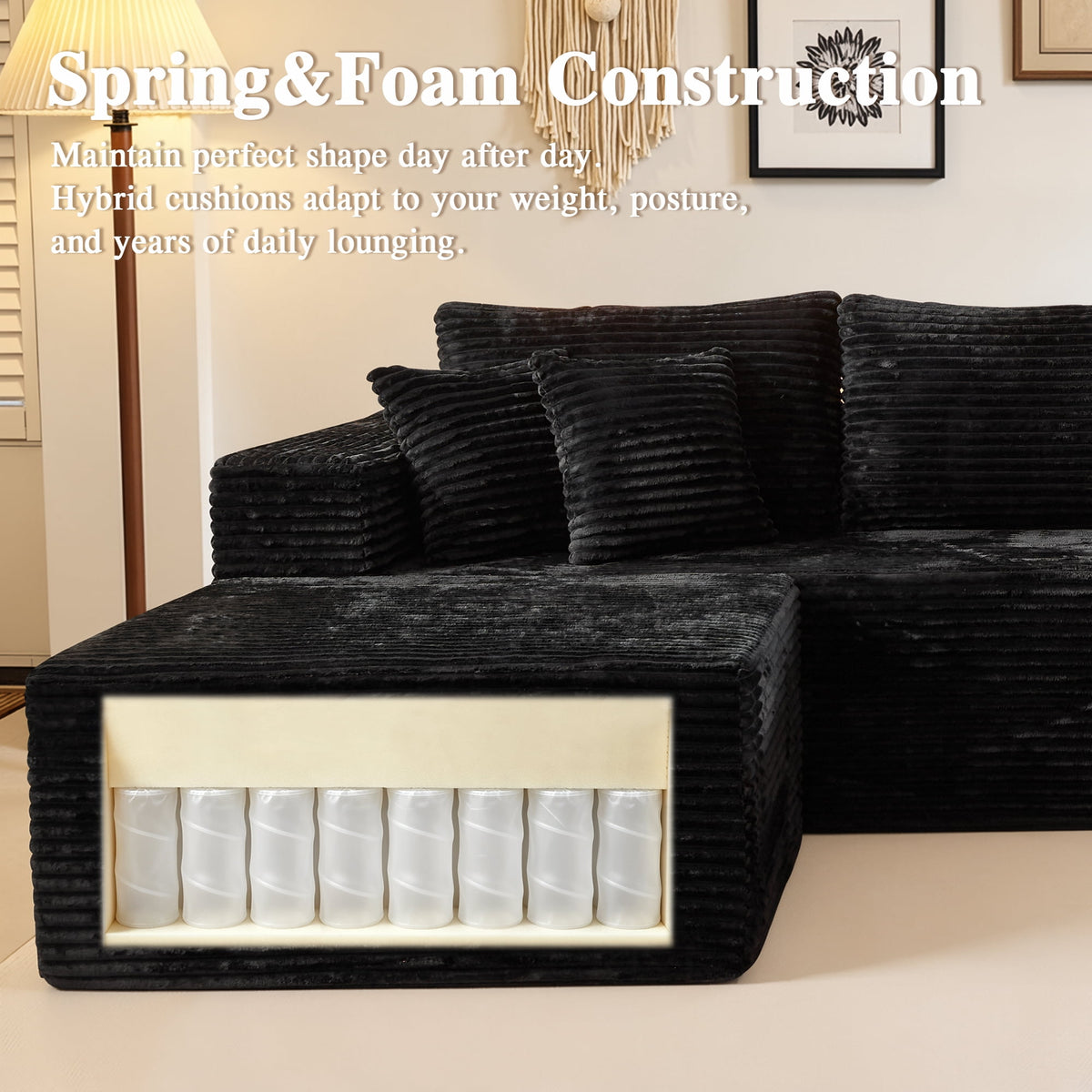  108" Boneless Couch L Shape Cloud Modular Sectional Couch with Chaise & Ottoman, Comfy Corduroy Sofa for Living Room, Apartment, Black