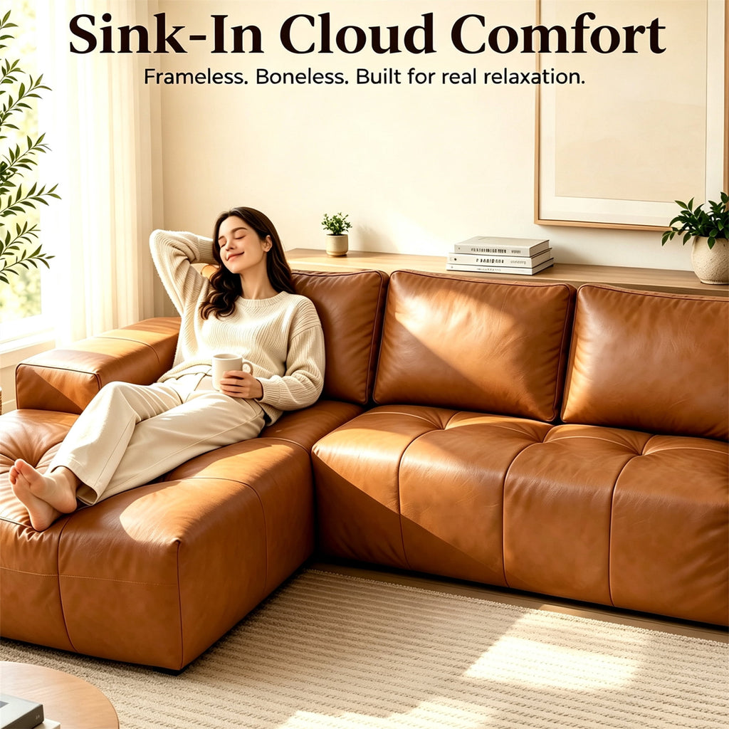  115" Leather Cloud Sectional Sofa Oversized Boneless Couch Modular L-Shaped Sofa for Living Room, Left Chaise, Brown