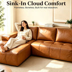  115" Leather Cloud Sectional Sofa Oversized Boneless Couch Modular L-Shaped Sofa for Living Room, Left Chaise, Brown