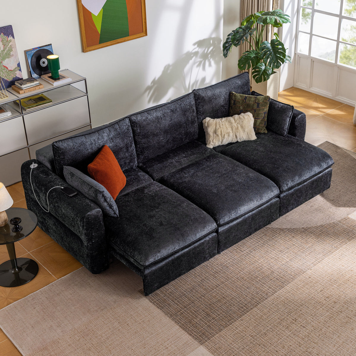 CHIC HOUSE 104" Electric Extendable Sofa Bed with Triple Motor, Convertible Smart Power Reclining Sleeper Sofa Deep Seat 3-Seat Couch with Solid Wood Frame in Velvet, Black