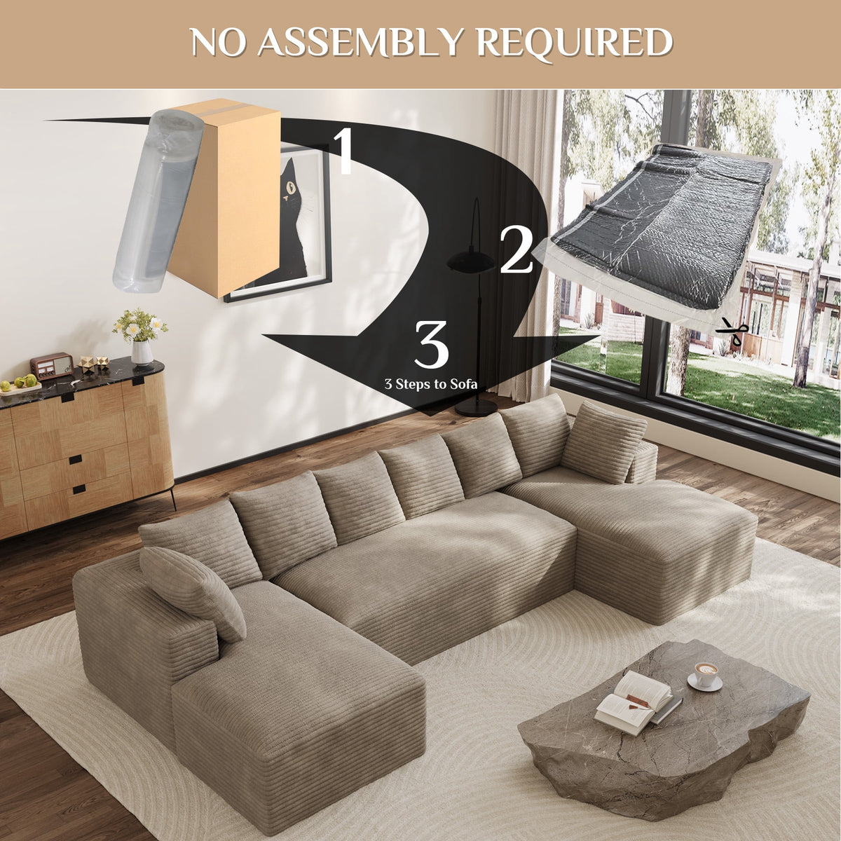 Wiilayok 131" U Shaped Sectional Sofa with Deep Seat Chaise,Corduroy Modular Cloud Sofa Couch for Living Room,4 Seat,Light Camel
