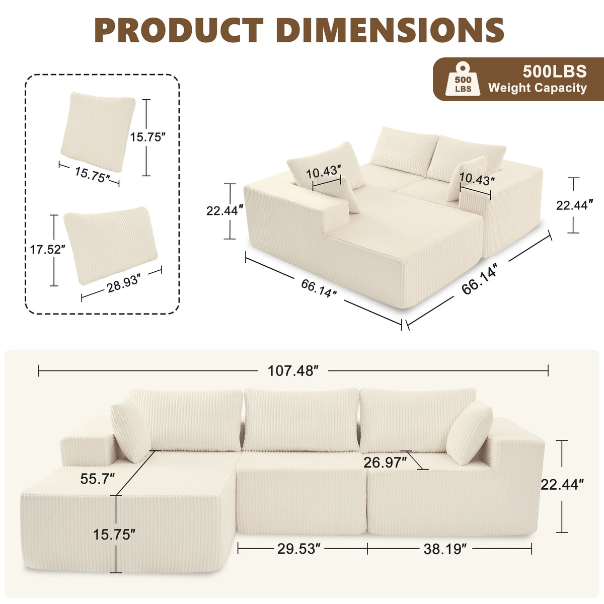  108" Convertible Sectional Couches Comfy Fluffy 4 Seat Memory Foam Sectional Sofa Upholstered Couches for Living Room Bedroom,No Assembly Required,(Left Facing Chaise) Beige