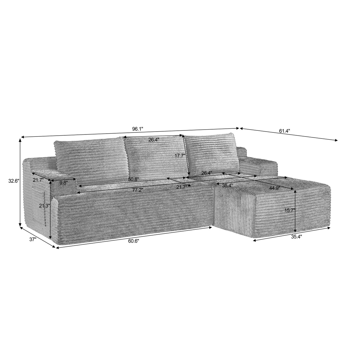 AENKYO 96" Cloud Modular Sectional Sofa with L-Shape Chaise, Deep Seat Corduroy Upholstered Couch, No Assembly Required, Green