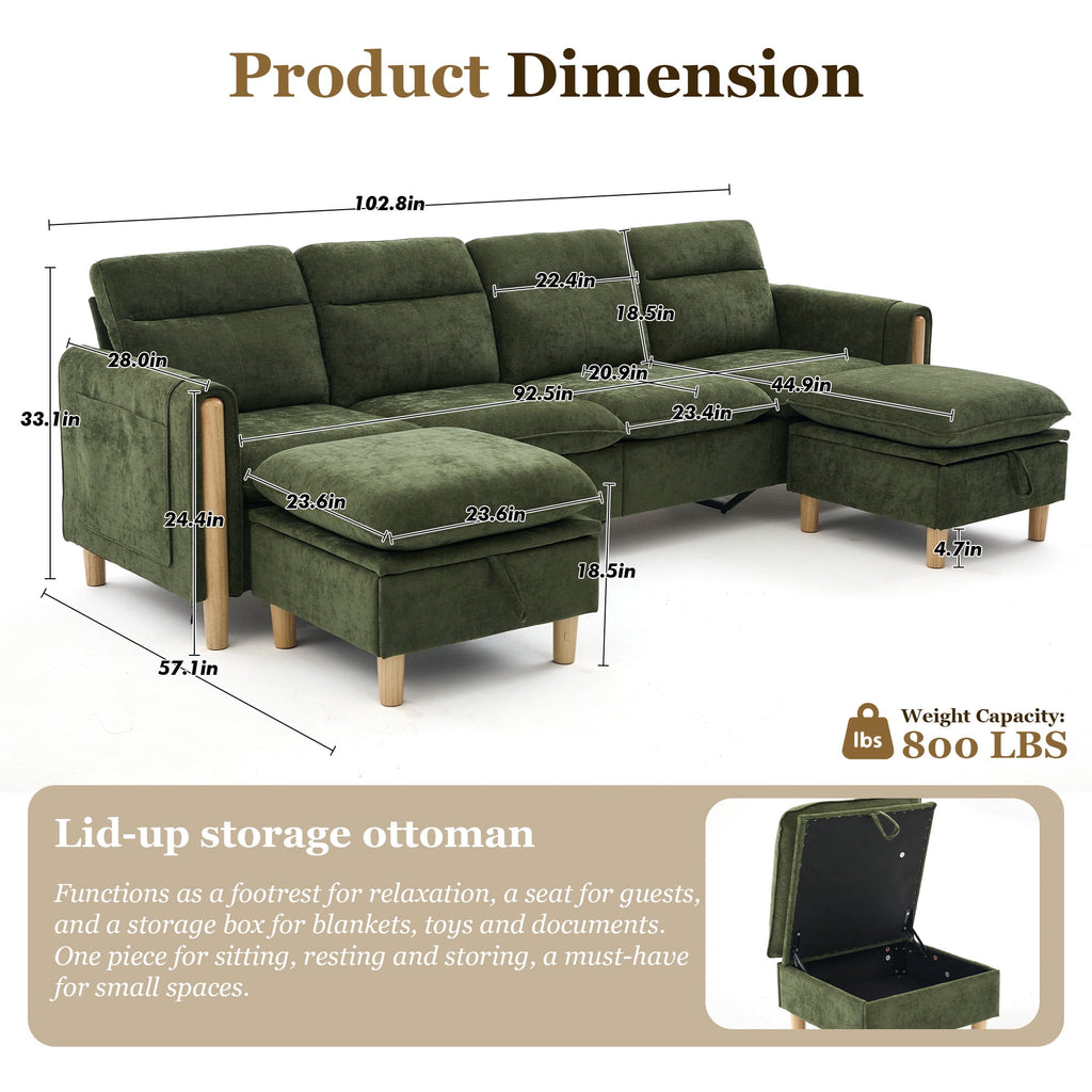 Villeston 4-Seat Sectional Sofa with 2 Ottomans,U Shaped Sofa Couch with Storage Ottomans and Side Pockets, Oversized Modern Chenille Sofa Couch for Living Room,Olive
