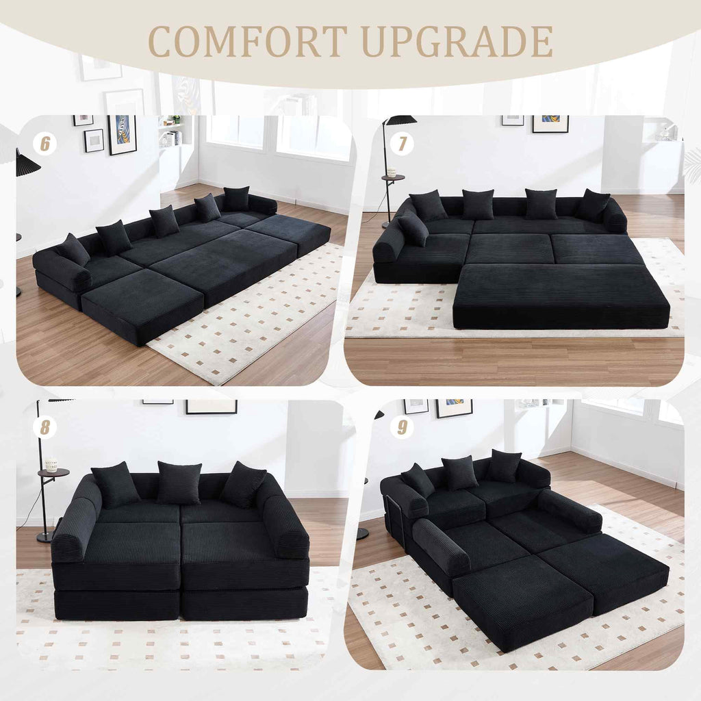 Timbernest 106" Oversized L-Shaped Cloud Couch, Convertible Sleeper Sofa, Folding Corduroy Sofa Bed for Living Room, Black