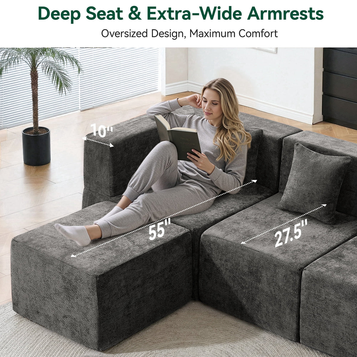  10-Piece Oversized Modular Sectional Sofa Set, 160" Mega U-Shaped Boneless Cloud Couch with Ottomans, Luxury Chenille Fabric Theater Seating, Extra Deep Seat for Living Room, Dark Gray