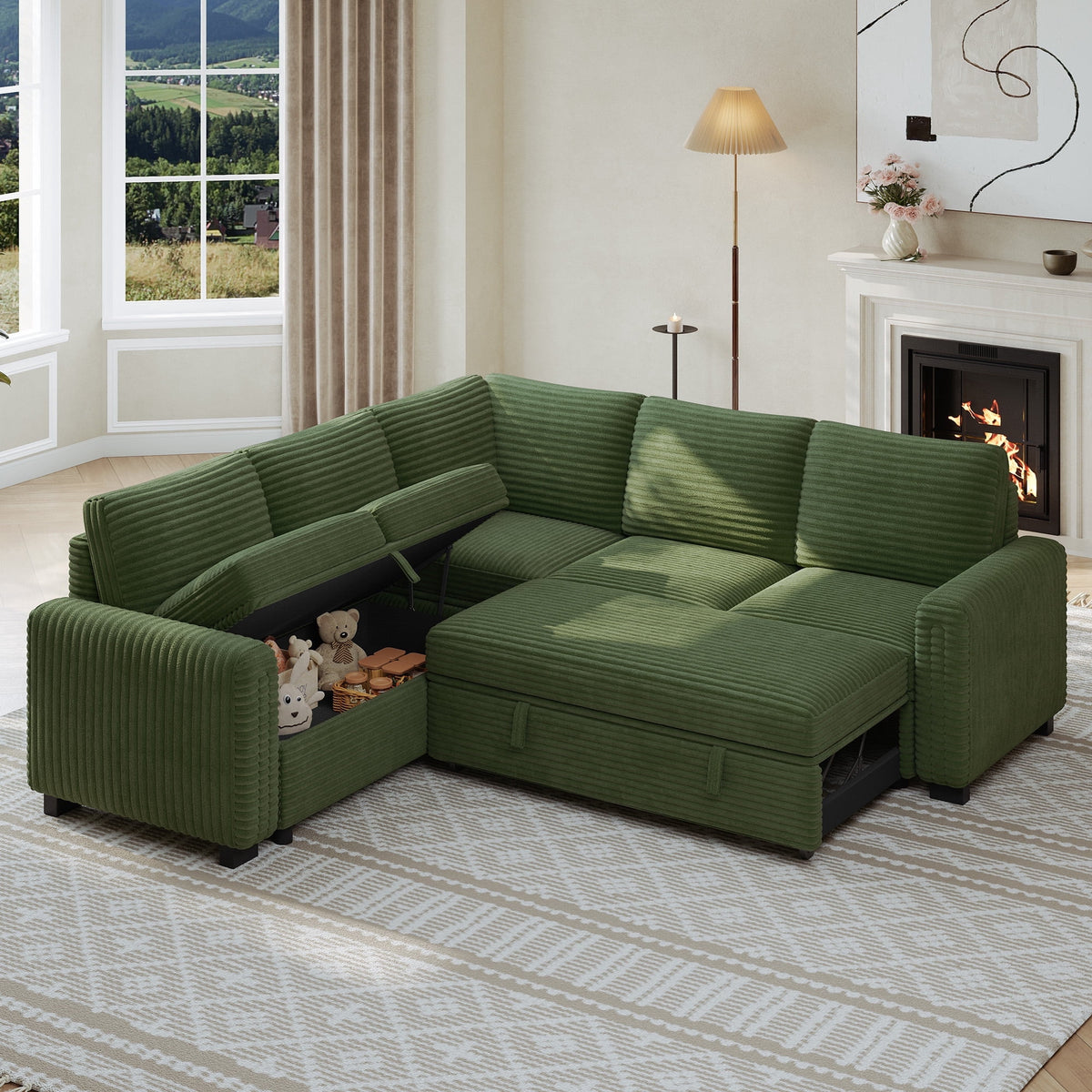  Sectional Sofa with Storage Seat L Shaped Couch with Reversible Chaise Convertible Sectional Couches for Living Room, Green