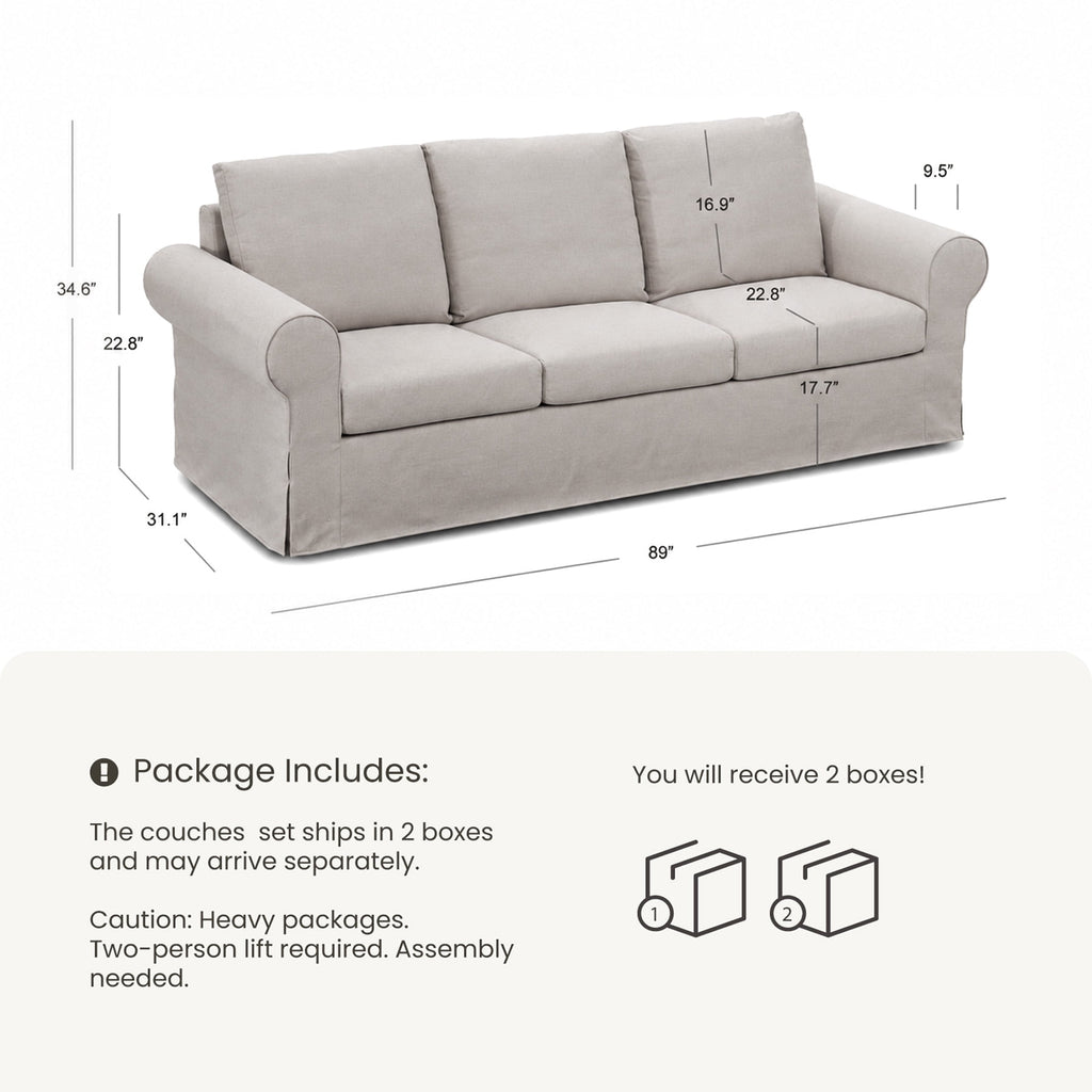 Vorthio Life 89" Farmhouse 3-Seater Sofa, Deep Seat Couch with High Back Support, Washable Removable Cover, Rolled Arms, Gray