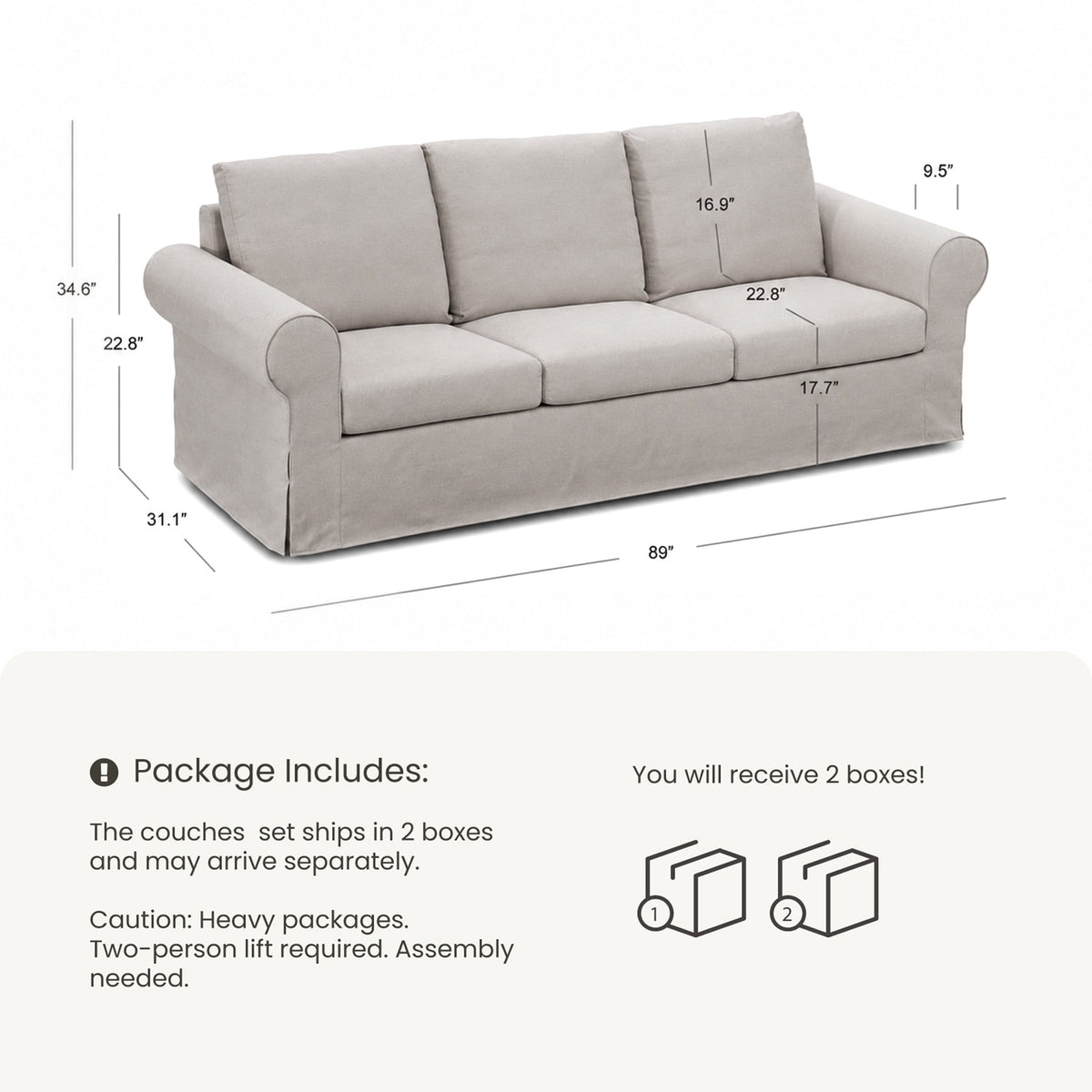 Vorthio Life 89" Farmhouse 3-Seater Sofa, Deep Seat Couch with High Back Support, Washable Removable Cover, Rolled Arms, Gray