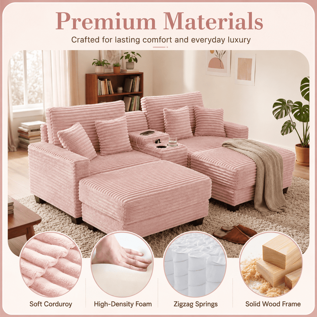 Wiilayok Convertible Modular Cloud Sofa, U Shaped Sectional Sofa Couch with Ottoman,Central Console,Cup Holder, Adjustable Backrest for Living Room, Pink