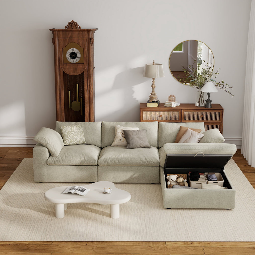 The Magic Home 118" Sofa Couch, Cloud Modular Sectional Sofa with Removable Storage Ottoman, L Shaped Linen Modern Comfy for Living Room, Apartment, Office, DIY Combination, 3 Seater Khaki Couch