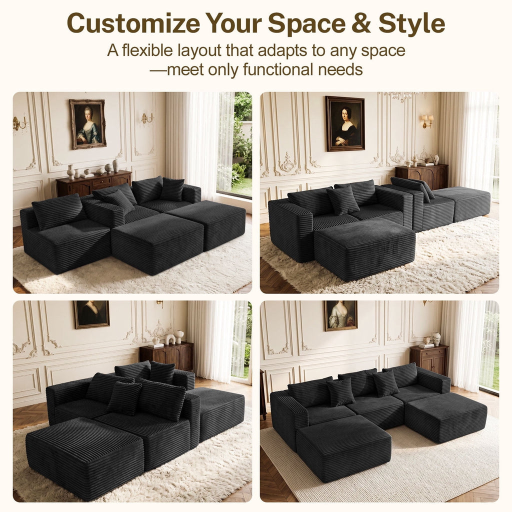NNSNG 110"U-Shaped Sectional Sofa,5-Seater Boneless Couch Soft Corduroy Fabric Sofa for Living Room,No Assembly Required ,Black