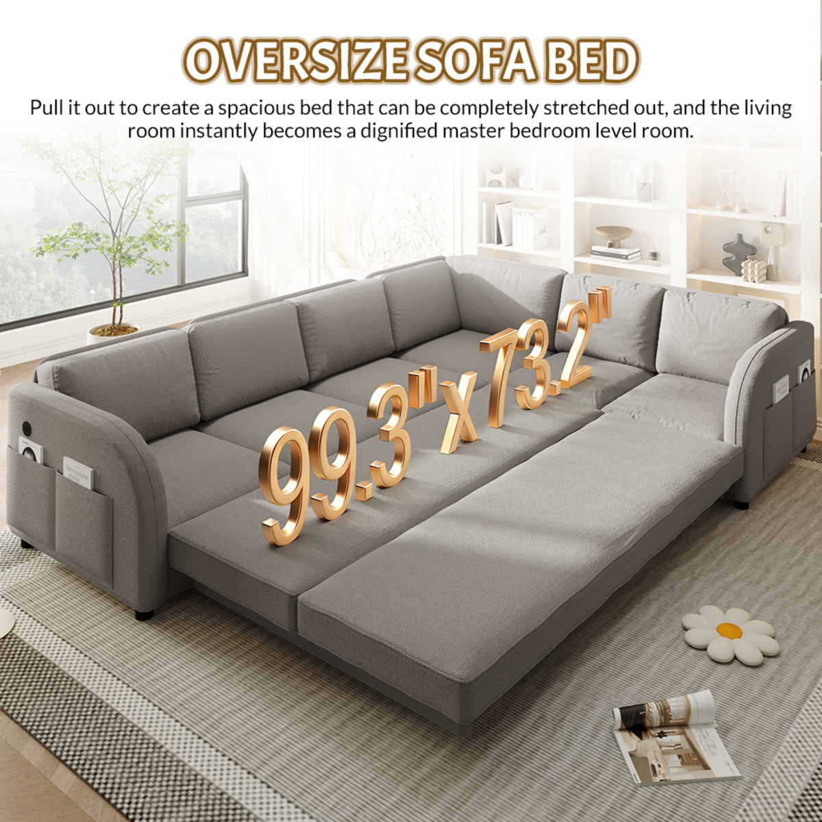  Sectional Sofa, 115" Sectional Couch with Pull Out Sofa Bed King Size, 6 Seat Sofa Convertible Sofa Bed for Living Room Light Gray