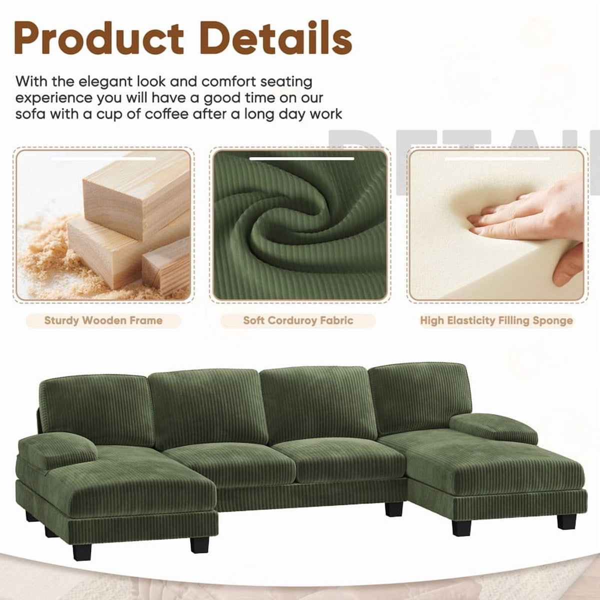  U Shaped Sectional Sofa Couch with Double Chaise for Apartments,Corduroy Green