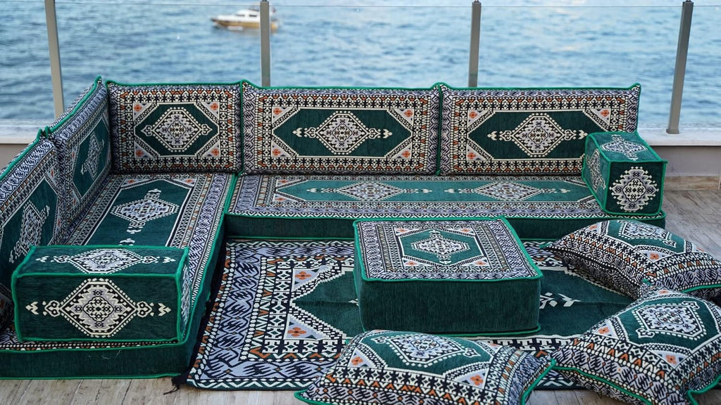 Green Sleeper Couch, L Shaped Sofa, Turkish Sofa Set, Diwan Sofa, Arabic Majlis, Floor Sofa Couch, Meditation Floor Cushions