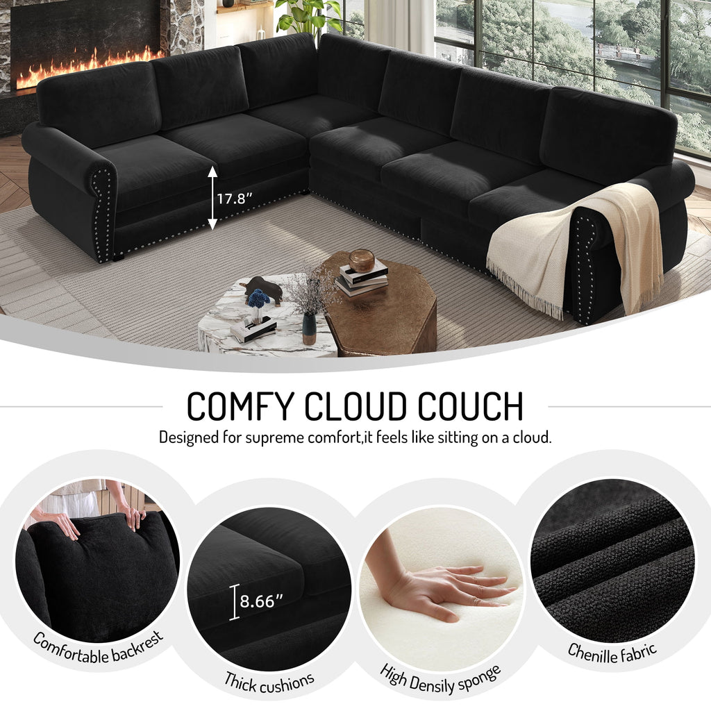  Sectional Sofa Couch, Oversized Chenille Sofa with Pull Out Sofa Bed for Living Room Black
